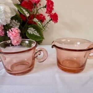 Pink Depression Glass Cream Sugar Set Vintage Swirl Handles Art Deco Style Table